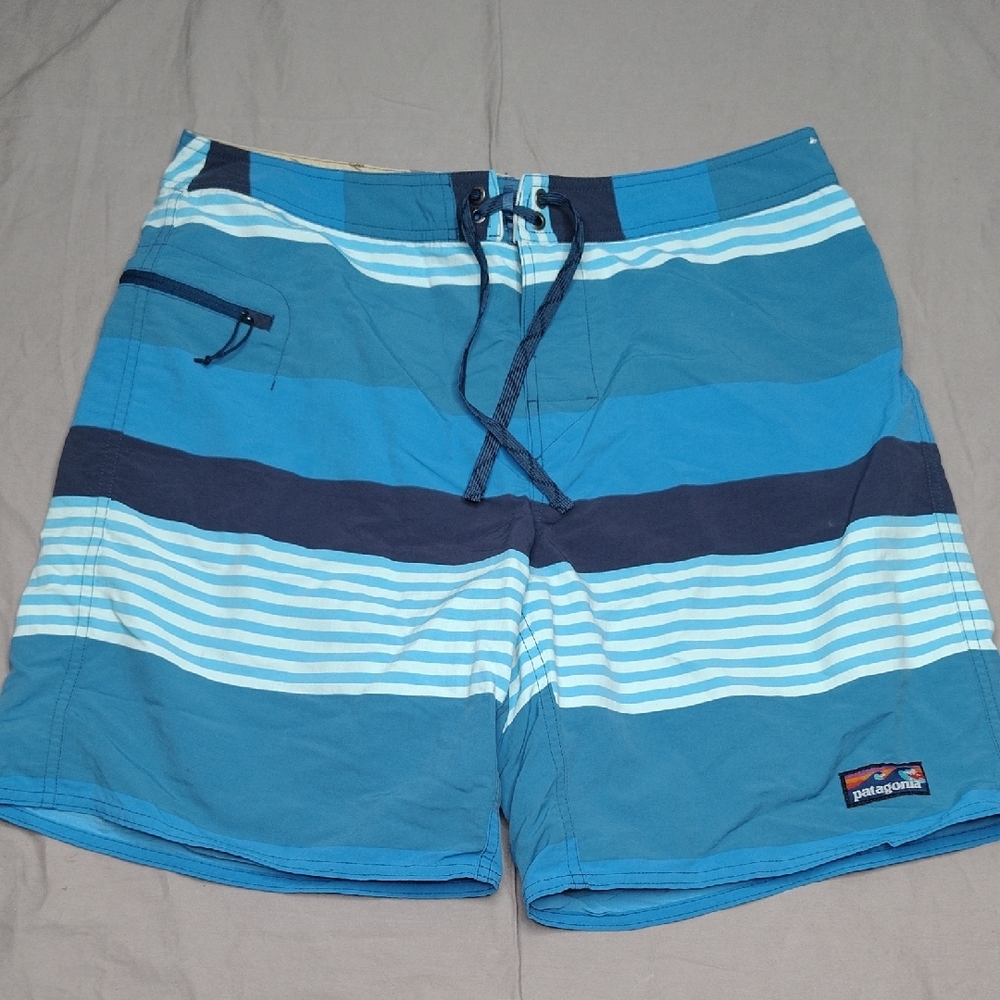 Patagonia Wave Tag Shorts Size 36 Blue Striped Wavefarer Swim Trunks